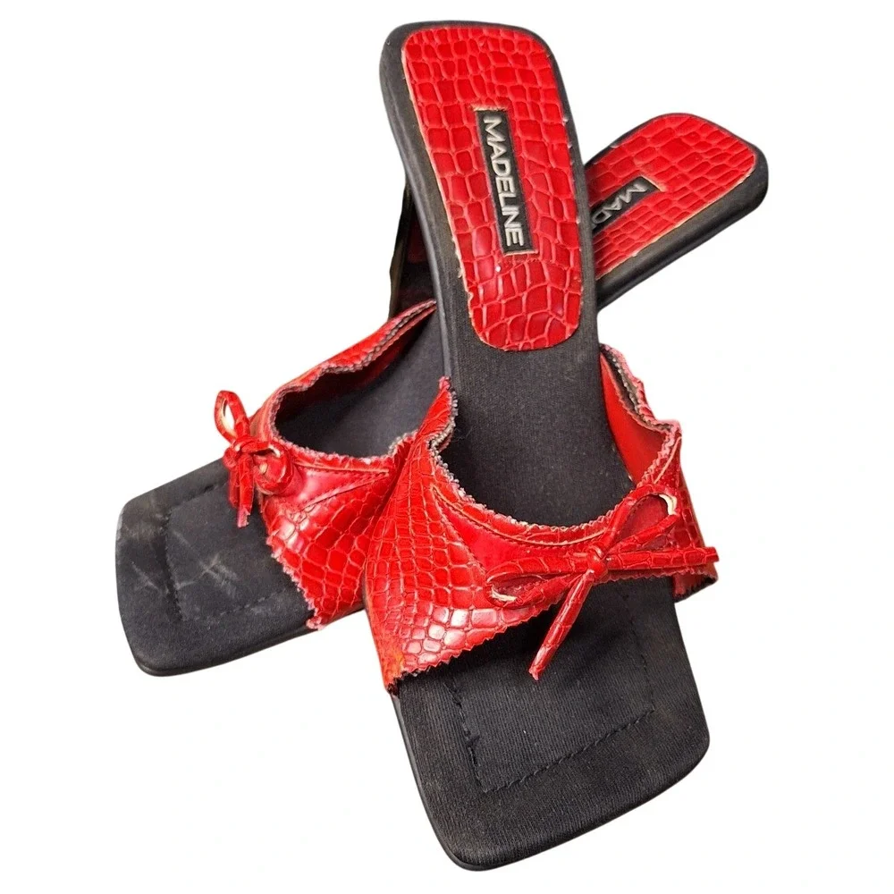 Madeline Womens Red Croc Embossed Square Toe Bow Slide Sandals Flared Heel Y2K
